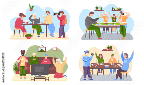 Set of illustrations about family photo session. People are having rest at home. Characters spend time in different ways with board games on the table. Photographer takes pictures in the apartment