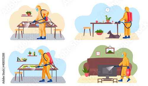 A man from epidemiological service doing disinfection in office or livingroom to kill viruses and bacteria set of four scenes. Male character in protective suit sprays a room with disinfectant solute