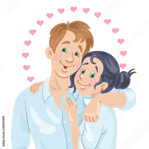 Happy Valentine s Day  Young happy couple surrounded by pink hearts. In cartoon style. Isolated on white background. Vector flat illustration