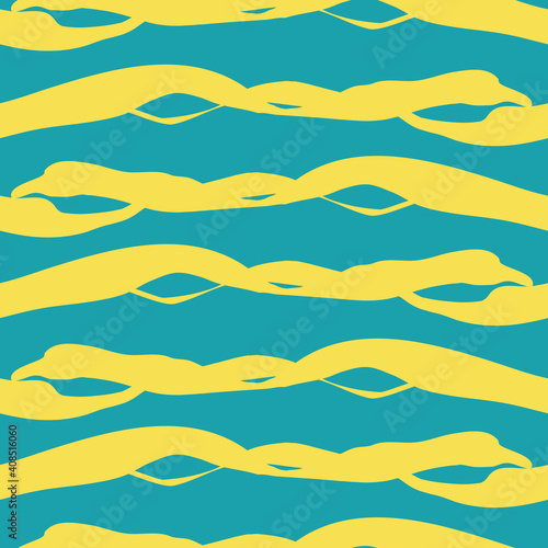 Vector twisted yarn effect striped seamless pattern background. Horizontal stripe yellow color strands on aqua blue backdrop. Irregular parallel lines repeat effect. All over print for summer beach