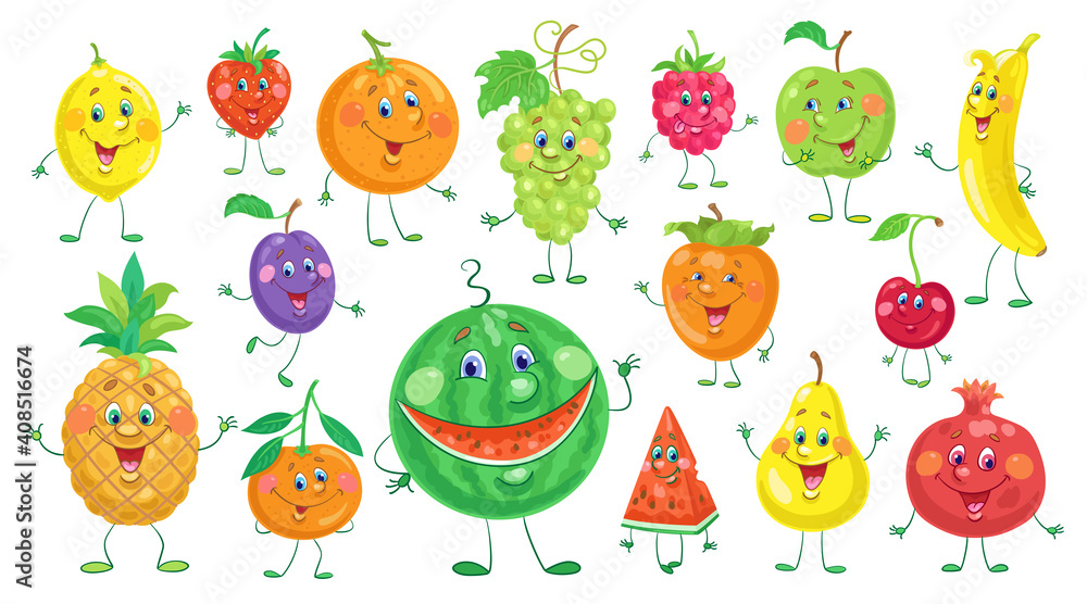 Set of funny colorful fruits. In cartoon style. Isolated on white background. Vector flat illustration. Set of funny colorful fruits. In cartoon style. Isolated on white background. Vector flat illustration.