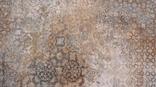 Old brown gray rusty vintage worn shabby patchwork damask motif tiles stone concrete cement wall texture background banner photo