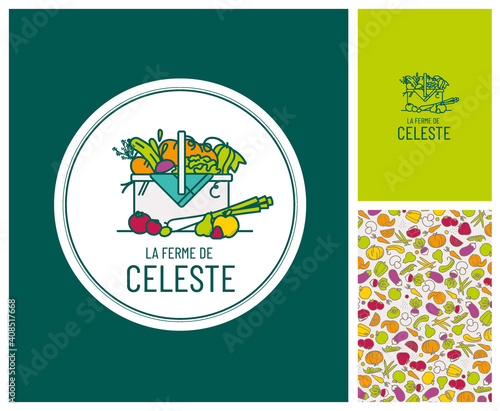 Production à la ferme de légumes et fruits bio de saison, identité visuelle, logo, tampon, motif, étiquette, mockup