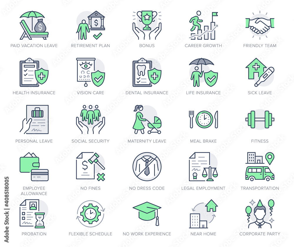 Employee benefits line icons. Vector illustration with icon - hr, perks, organization, maternity rest, sick leave outline pictogram for personal management. Green Color Editable Stroke Employee benefits line icons. Vector illustration with icon - hr, perks, organization, maternity rest, sick leave outline pictogram for personal management. Green Color Editable Stroke