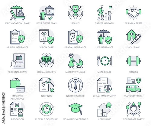 Employee benefits line icons. Vector illustration with icon - hr, perks, organization, maternity rest, sick leave outline pictogram for personal management. Green Color Editable Stroke photo