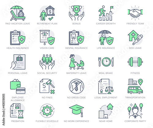 Employee benefits line icons. Vector illustration with icon - hr, perks, organization, maternity rest, sick leave outline pictogram for personal management. Green Color Editable Stroke