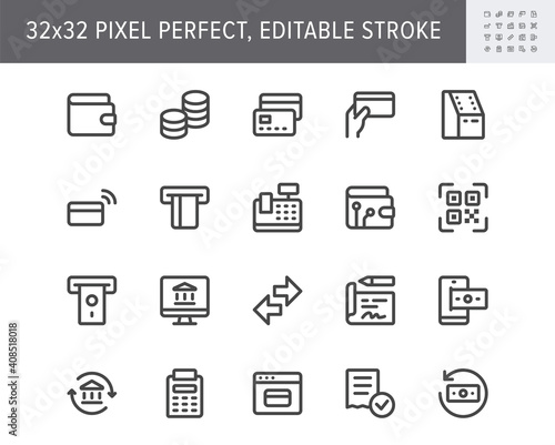 Finance operations simple line icons. Vector illustration with minimal icon - banking, credit card, contacless payment, swift, cash, atm, cashier pictogram. 32x32 Pixel Perfect Editable Stroke