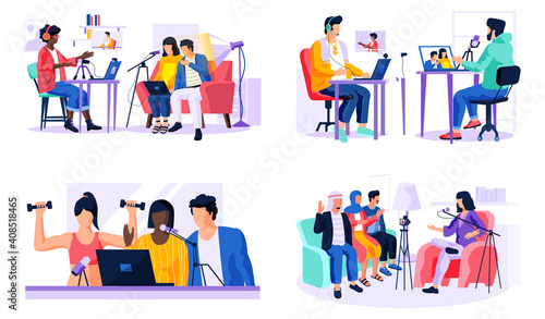 Set of four scenes about people recording video messages with microphone and laptop with webcam. Man is communicating with woman and working online. Arabian people give interviews on camera