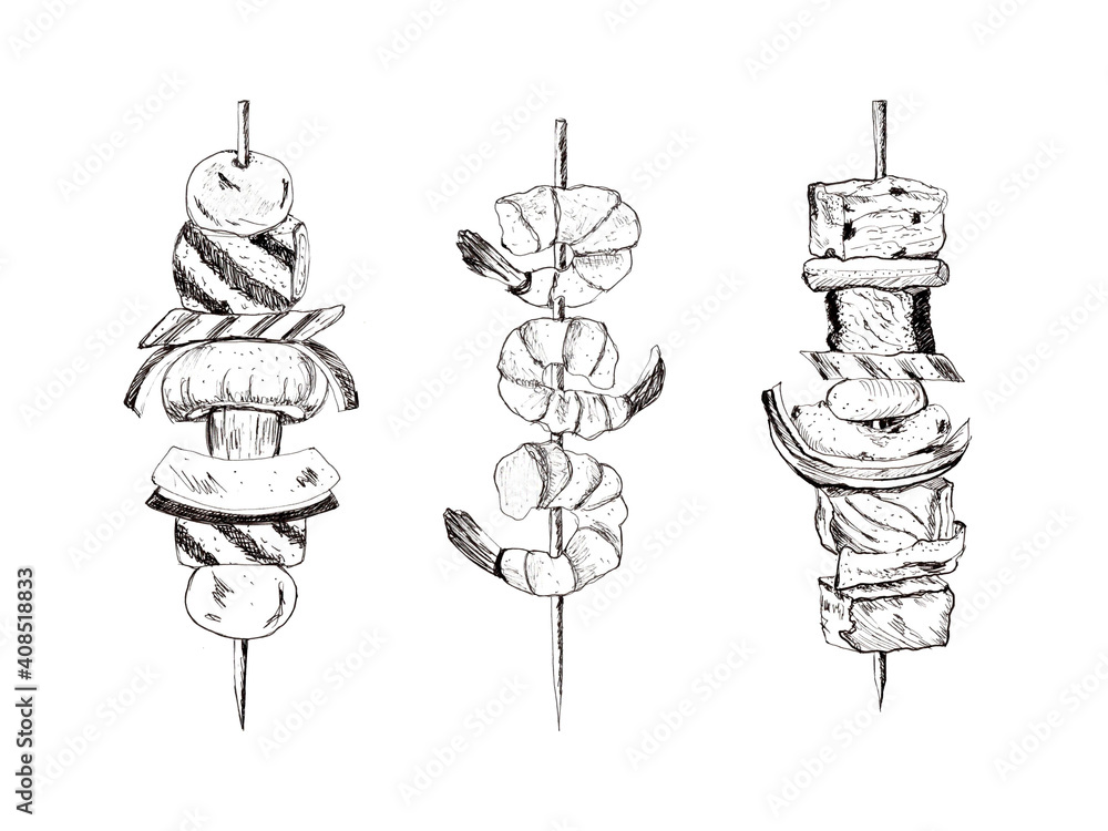 Mix skewers meat, vegetables and fish. Hand painted illustration. White background Mix skewers meat, vegetables and fish. Hand painted illustration. White background