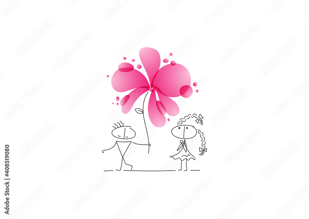 The guy gives his girlfriend a huge beautiful flower on Valentine's Day. Declaration of love. The characters are drawn in a linear style with black lines. Combines with bright elements.