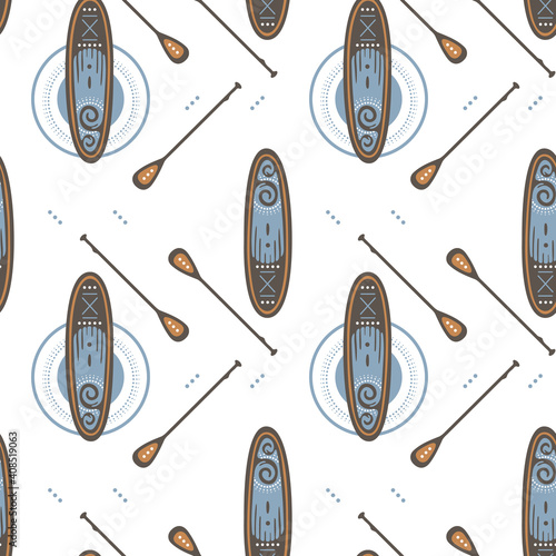Seamless pattern with Stand Up Paddle Boarding SUP surfing elements paddle, circles on the water on a white background. Vector illustration.