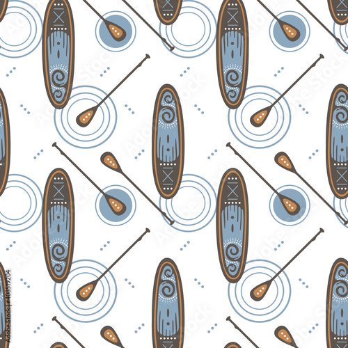 Seamless pattern with Stand Up Paddle Boarding SUP surfing elements paddle, circles on the water on a white background. Vector illustration.