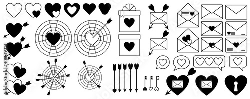 Heart icon set. Love letter. Simple Set of Love Related Vector Line Icons. Contains icons such as Romantic Letter, Gift, Key to the Heart, Target, Love Arrow and much more. Editable Stroke.