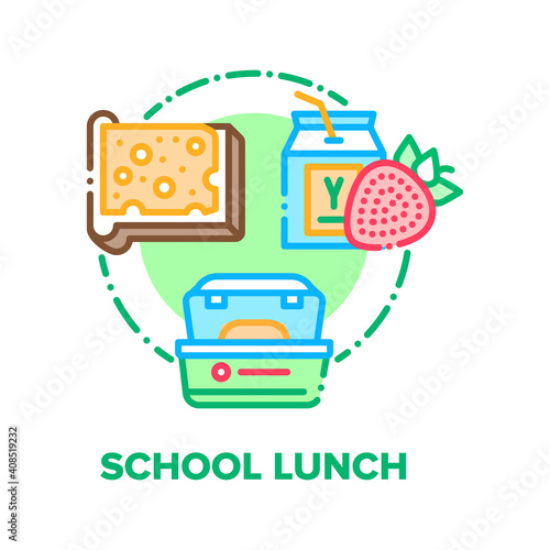 School Lunch Vector Icon Concept. Sandwich Bread With Butter And Sliced Cheese, Strawberry Juice Or Yogurt, Meal Packages For Transportation School Lunch. Dish For Children Color Illustration