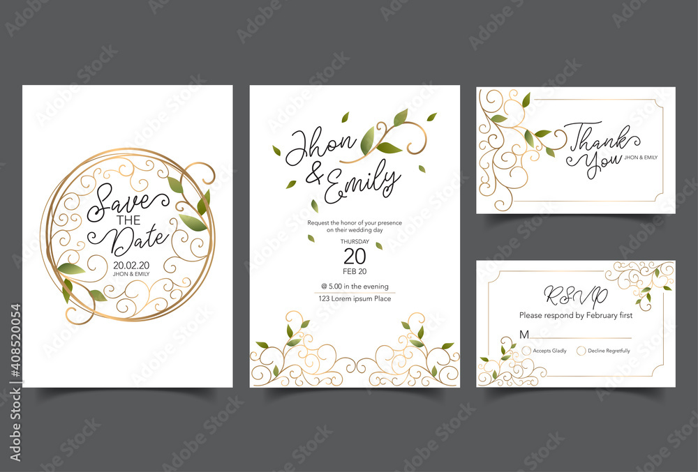 Wedding invitation cards, save the date, thank you, rsvp template. Vector. White and gold line.