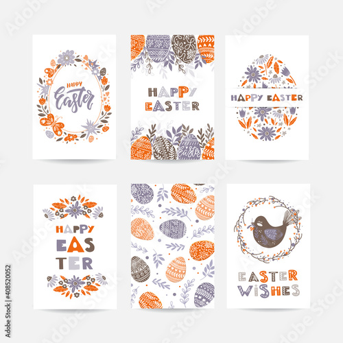 Easter greeting cards with Easter eggs  flowers  floral