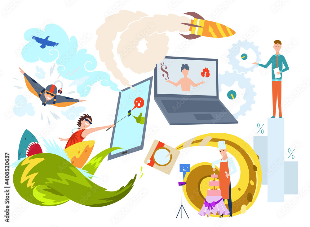 Obraz premium Blogging concept illustration of young people using laptops and tablets for reading blogs and websites. Flat design of guys and young women standing near big letters blogging on blue background.
