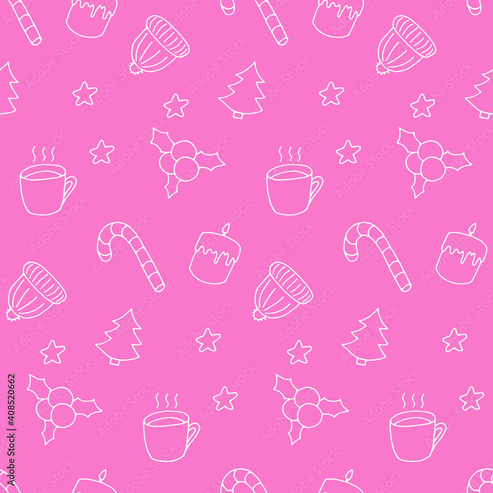 Winter doodle seamless pattern. White elements on pink. Cute hand drawn print. Candle, candy, cup, hat, stars, berries and Christmas tree. Good for wallpaper, textile, gift wrap. Endless design Winter doodle seamless pattern. White elements on pink. Cute hand drawn print. Candle, candy, cup, hat, stars, berries and Christmas tree. Good for wallpaper, textile, gift wrap. Endless design