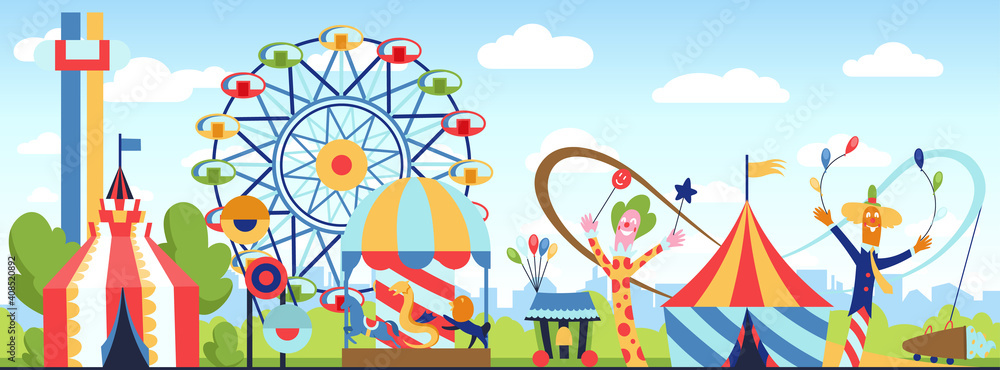 Amusement park. Fun park theme, kids carnival entertainments daytime, children amusing attractions cartoon illustration. Amusement park. Fun park theme, kids carnival entertainments daytime, children amusing attractions cartoon illustration.