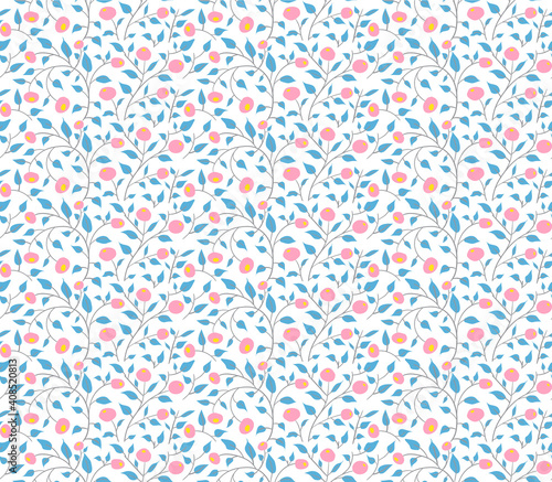 Vector seamless pattern with small berries, flowers and leaves. Spring and summer mood, pleasant pastel colors.