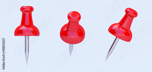 Realistic red push pins. pinned office thumbtack and paper push pin, 3D render