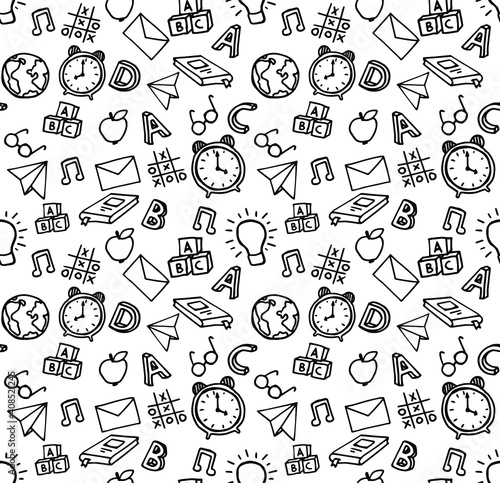 Vector seamless pattern with hand drawn school symbols. Alarm clock, cubes, book, fruits, letter drawn by line. Background for children and students