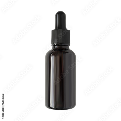 Serum bottle isolated vector realistic illustration. Brown glass cosmetic container with black pipette dropper on white background. Aromatherapy package mockup