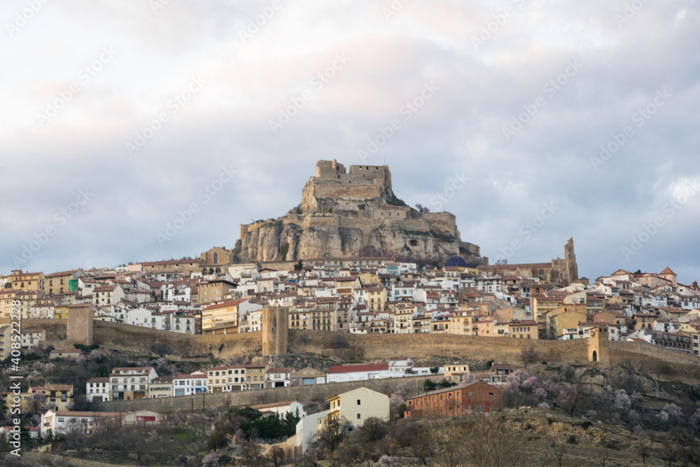 View of the wall and medieval castle of the city of Morella, Spain