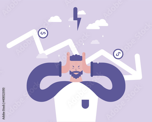  Financial crisis. A man is outraged over falling stocks and losing money.  Vector illustration  for telework, remote working and freelancing concept, business, start up
