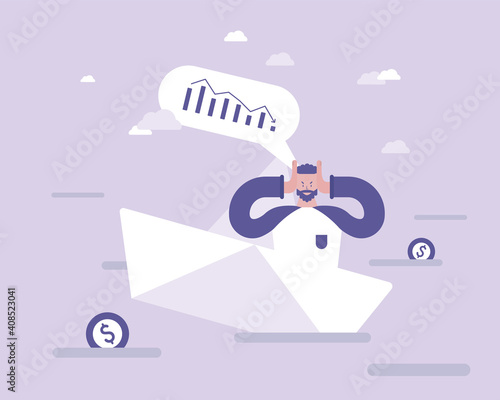 Financial crisis. A man is outraged over falling stocks and going bankrupt. Vector illustration  for telework, remote working and freelancing concept, business, start up