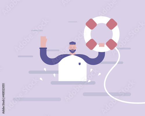 A man is drowning. A lifeline as help in a difficult situation. Metaphor. Vector illustration for telework, remote working and freelancing concept, business, start up