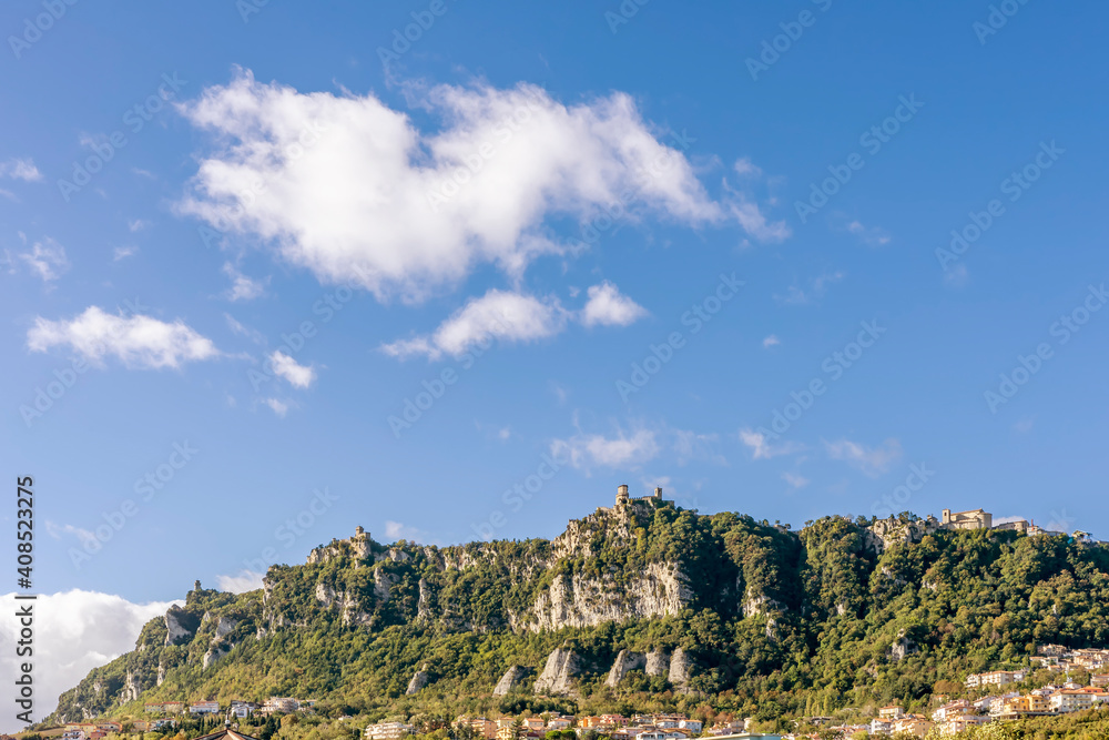 Bottom view of the mountain on which the Republic of San Marino stands, on a sunny day