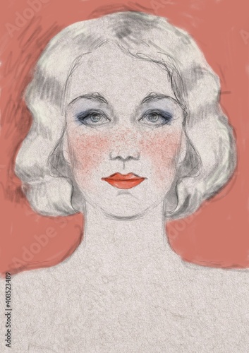 Face of young woman drawn by hand with watercolors and colored pencils illustration, fashion retro style. Frontal portrait