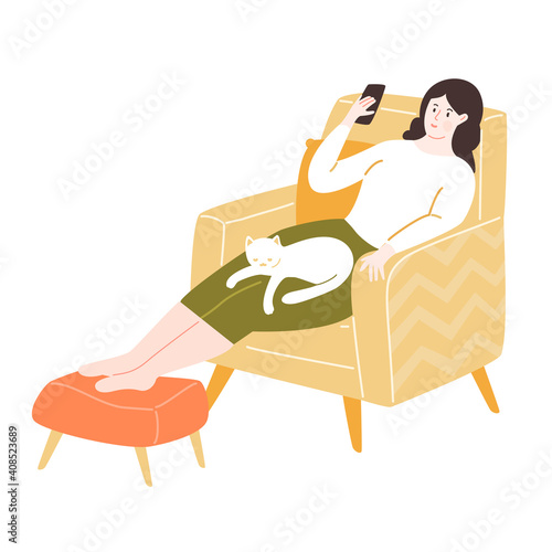 Young woman sitting in comfy yellow chair with footrest, using smartphone. Stay home concept. Girl with a white cat sleeping on her. Cozy room vector illustration.