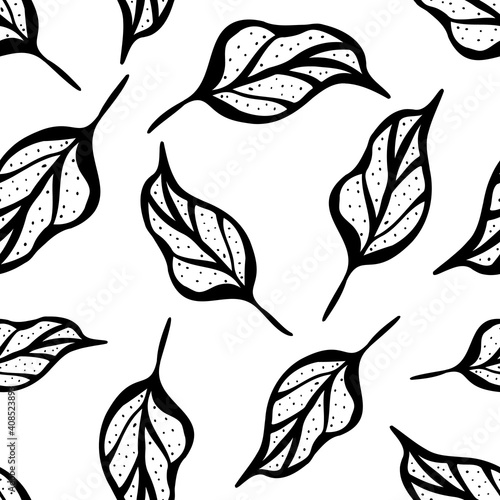 Inky black and white leaf seamless vector pattern background. Botanical vintage illustration style hand drawn line art falling leaves. Monochrome backdrop.Tossed multidirection design for packaging photo