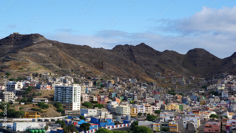 the view of the city Mindelo from the Alto Fortim, on the island Sao Vicente, Cabo Verde, in the month of December