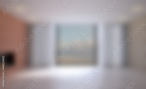 Unfocused, Blur phototography. Empty living room with wooden and brick walls. Big window. Modern fireplace.. 3D rendering
