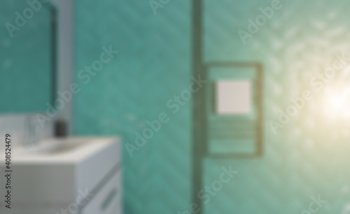 Spacious bathroom in gray tones with heated floors, freestanding tub. 3D rendering.. Sunset.. Abstract blur phototography photo