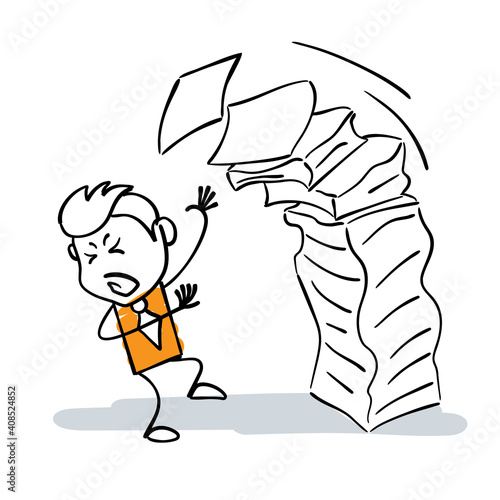 Cartoon stick man illustration of stressed businessman afraid many paper work. Stick figure drawing of worried man who running with documents or sheets. Business concept of bureaucracy and paperwork.