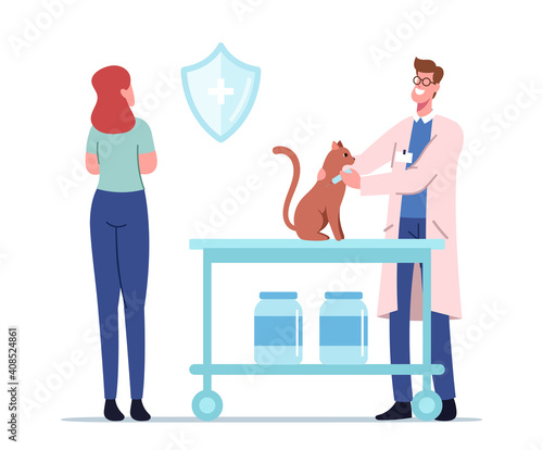 Cat Sitting on Table of Veterinary Clinic. Veterinarian Doctor Character Put Rabies Injection to Animal for Treatment