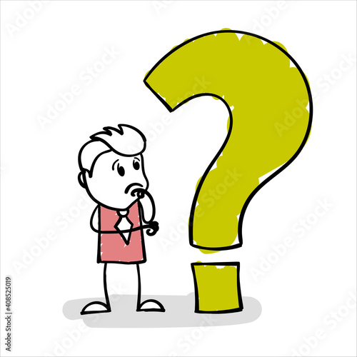 Hand drawn stick man stand in thinking pose front question mark. Stickman looking up at a question mark, thinking about problem and solution to task. Concept illustration for several business ideas.