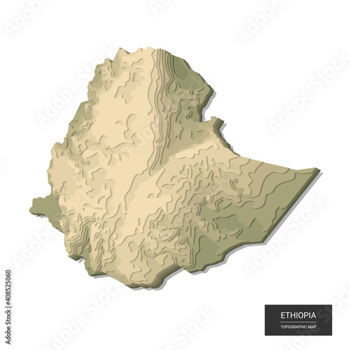 Ethiopia map - 3D digital high-altitude topographic map. 3D vector illustration. Colored relief, rugged terrain. Cartography and topology.