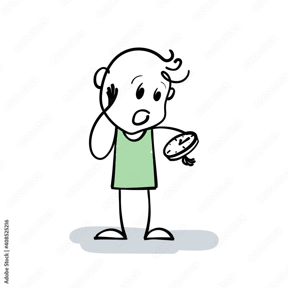 Worried young stickman checking the time on the watch to see how late. Cartoon Stick Man or Business Man is out of time. Stick figure person with clock. Hand drawn vector illustration of late deadline Worried young stickman checking the time on the watch to see how late. Cartoon Stick Man or Business Man is out of time. Stick figure person with clock. Hand drawn vector illustration of late deadline