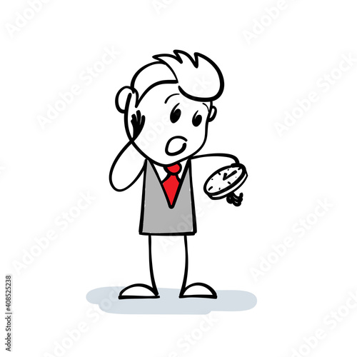 Stick man drawing illustration of worried businessman checks the time on the watch and late for a meeting or date. Cartoon Stick figure person is out of time. doodle art of late deadline. Time concept