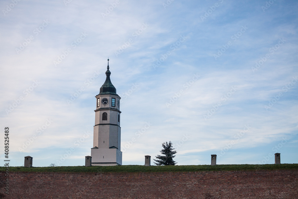 Clock tower of Kalemegdan, also known as Sahat Kula, during a sunny afternoon. Kalemegdan is a fortress, the main landmark of Belgrade, Serbia