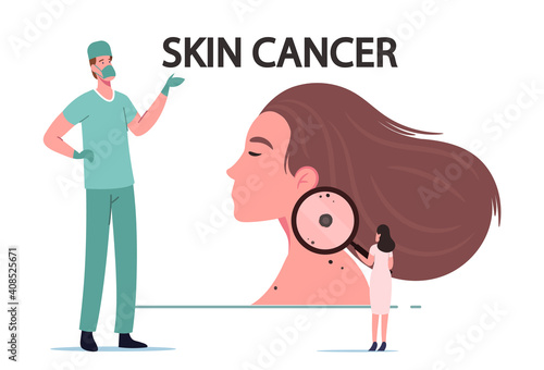 Skin Cancer, Melanoma Dermatology Problem Concept. Tiny Doctor Oncologist Character Examine Woman Mole with Magnifier