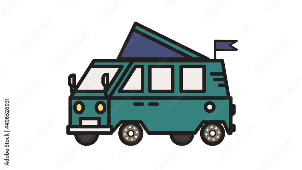 Green RV trailer truck with tent on the roof and flag. Camping adventure Looped HD video animation footage with alpha channel.