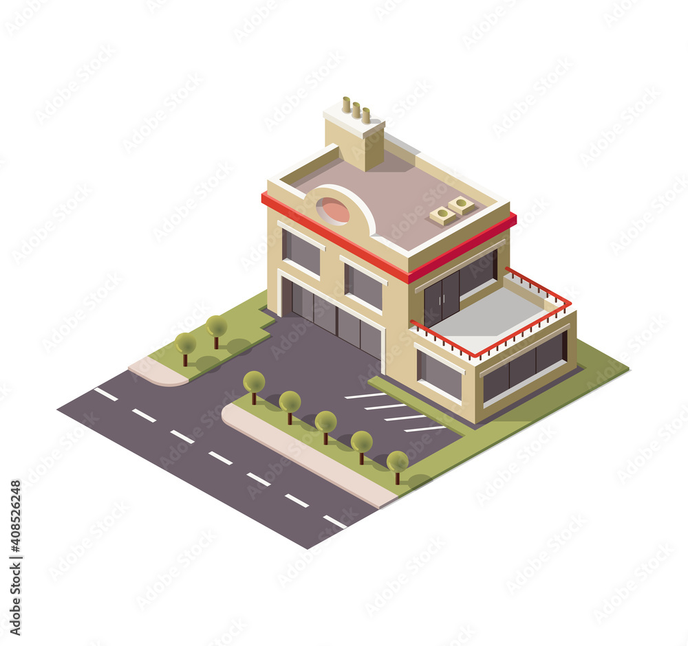 isometric icon representing Car Repair Service garage building. isometric icon or infographic element representing low poly Car Service station