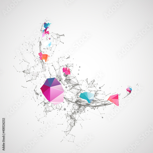 Abstract geometric 3d sphere/half-sphere made of points and lines. Futuristic art technology style.