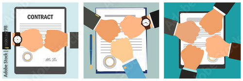 Set of icons. Hands clench into fists and beat each other. Concept: partnership, business people, collaboration, like-minded people, teamwork, team, assistant, friend. White isolated vector stock illu